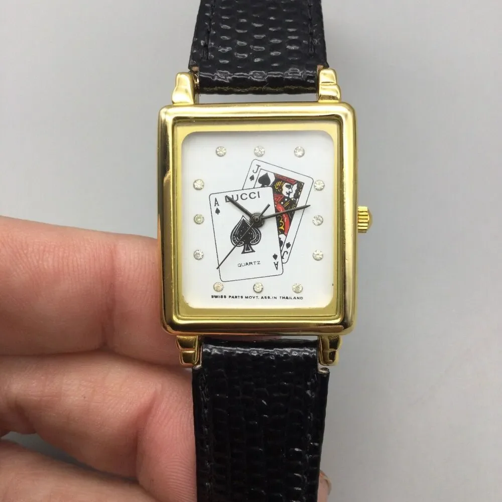 Black Jack Watch 25mm Women Gold Tone Gambling Cards Leather Band New Battery - Picture 8 of 14